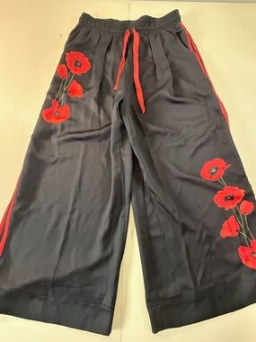 Wide Leg Track Pants with Red Floral Detail